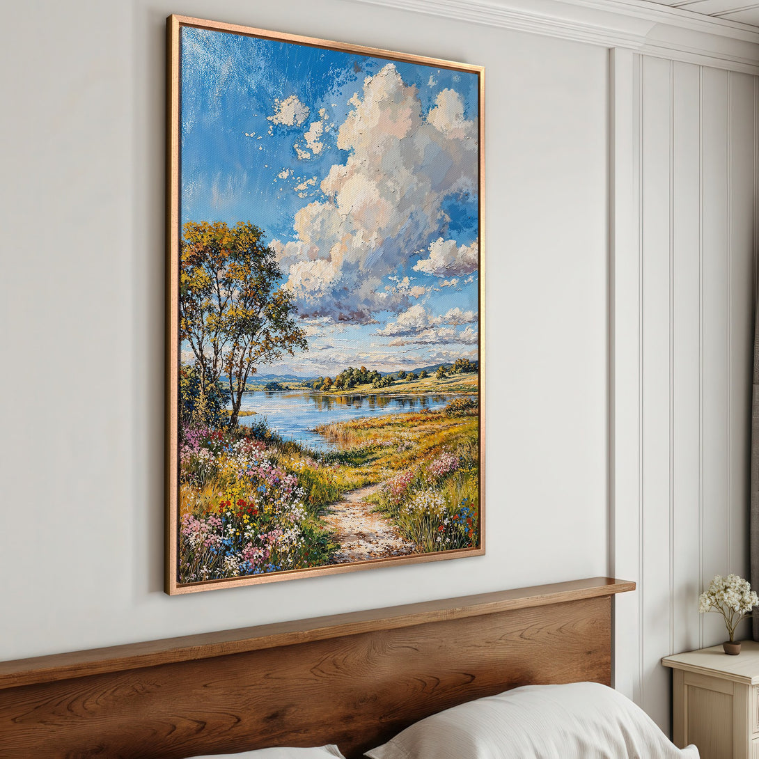 Framed Wall Art: Landscape Canvas Print with a vibrant impressionist style, featuring a serene lake scene with blue, green, and yellow hues. Perfect for home decor.