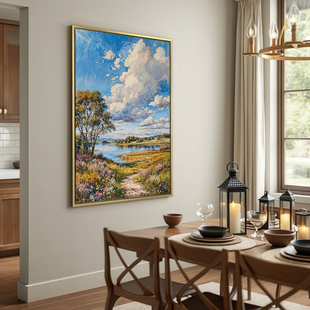 Canvas Print of a serene landscape painting with blue sky, clouds, and a path leading to a lake. Warm, earthy tones enhance the artwork.