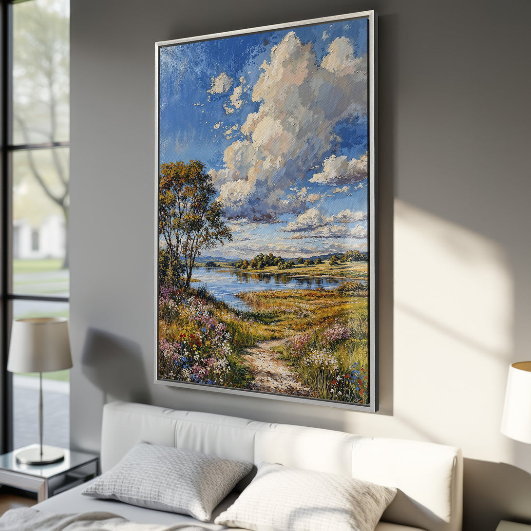 Framed Wall Art: Impressionist landscape Canvas Print with a vibrant blue sky, fluffy clouds, and colorful wildflowers. Perfect for adding a touch of nature to your home.