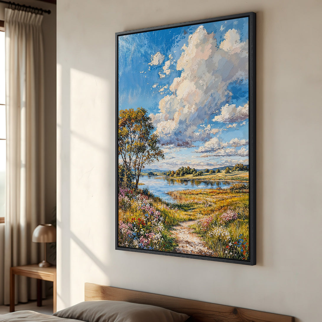 Framed Wall Art: Landscape painting with blue sky, clouds, and a river. Impressionistic style with warm, natural color palette. Perfect for home decor.