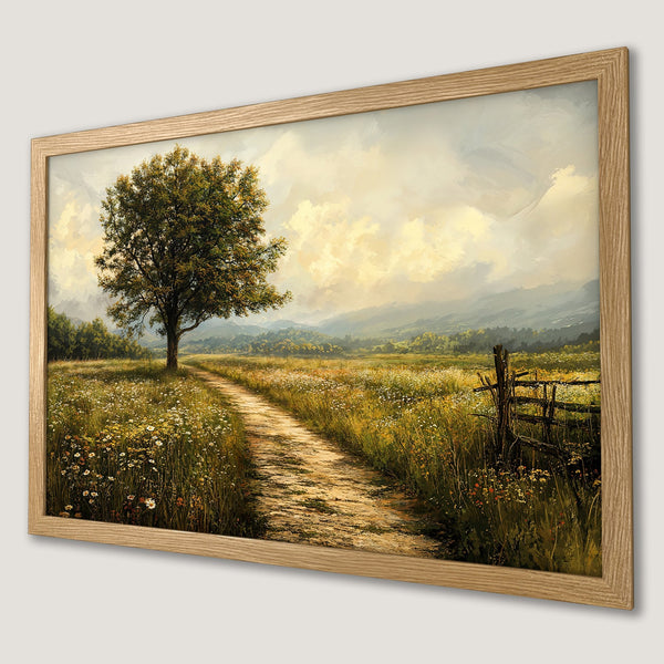 Framed Poster of a serene landscape painting with a tree and path, warm color palette, perfect for home decor.