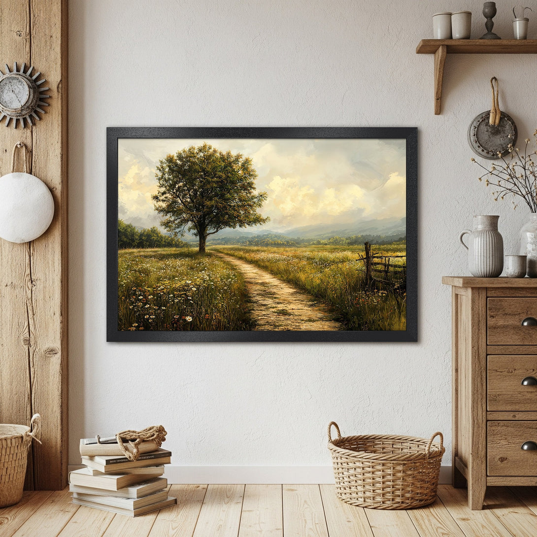 Framed Poster of a serene landscape with a tree and path, painted in a soft, impressionistic style with a warm, earthy color palette.