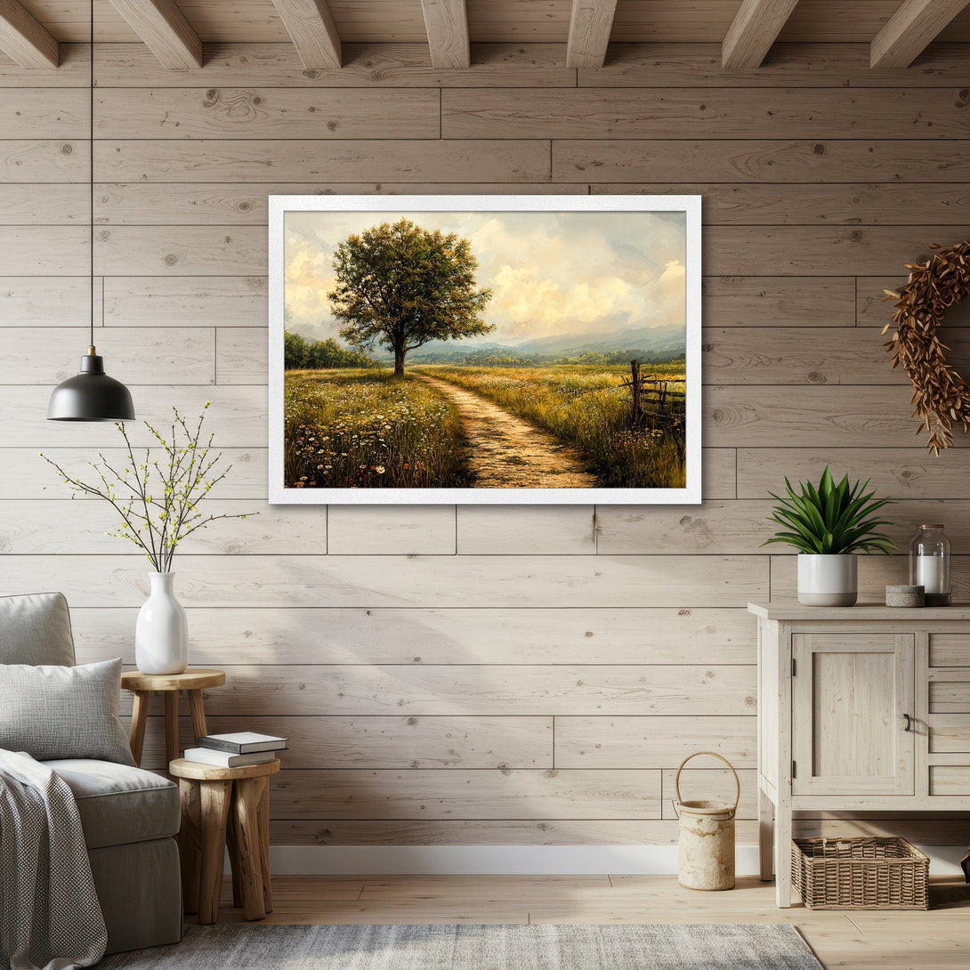 Framed Poster of a serene landscape painting, featuring a tree and path. Warm, inviting color palette with natural tones. Perfect wall art.