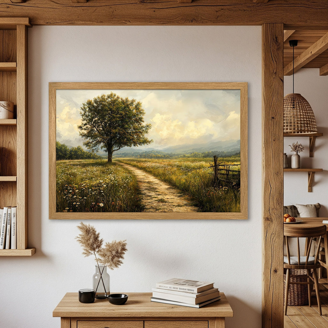 Framed Poster of a serene landscape painting with a path, tree, and field. Earthy tones and a rustic style. Perfect wall art!