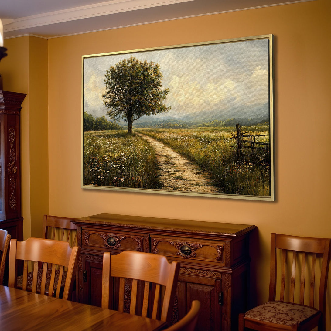 Canvas Print of a serene landscape with a tree and path, in a soft, muted color palette. Perfect for adding a touch of nature to your home.