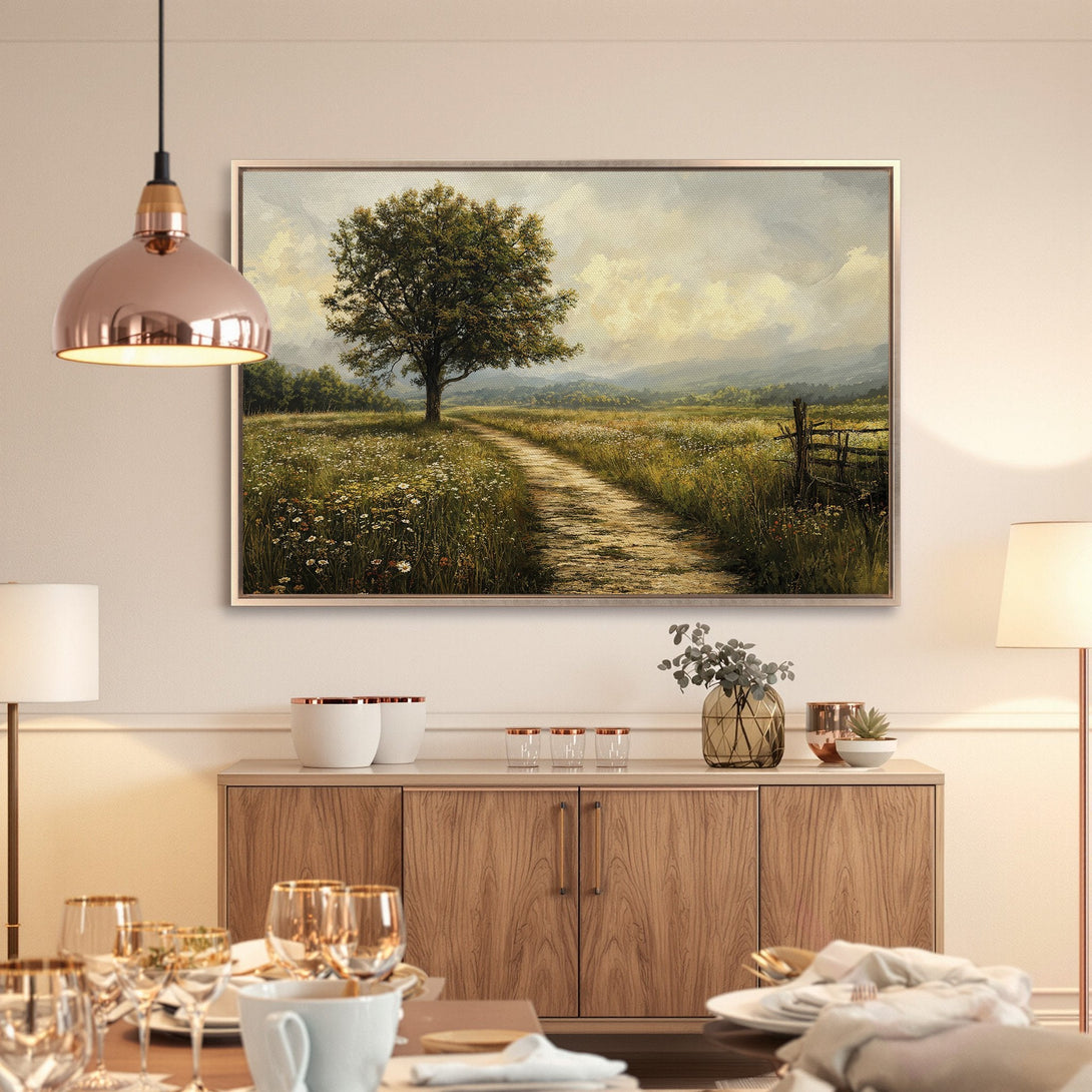 Framed Wall Art: Landscape painting of a tree and path, warm neutral tones. Perfect for adding a touch of nature to your home decor.
