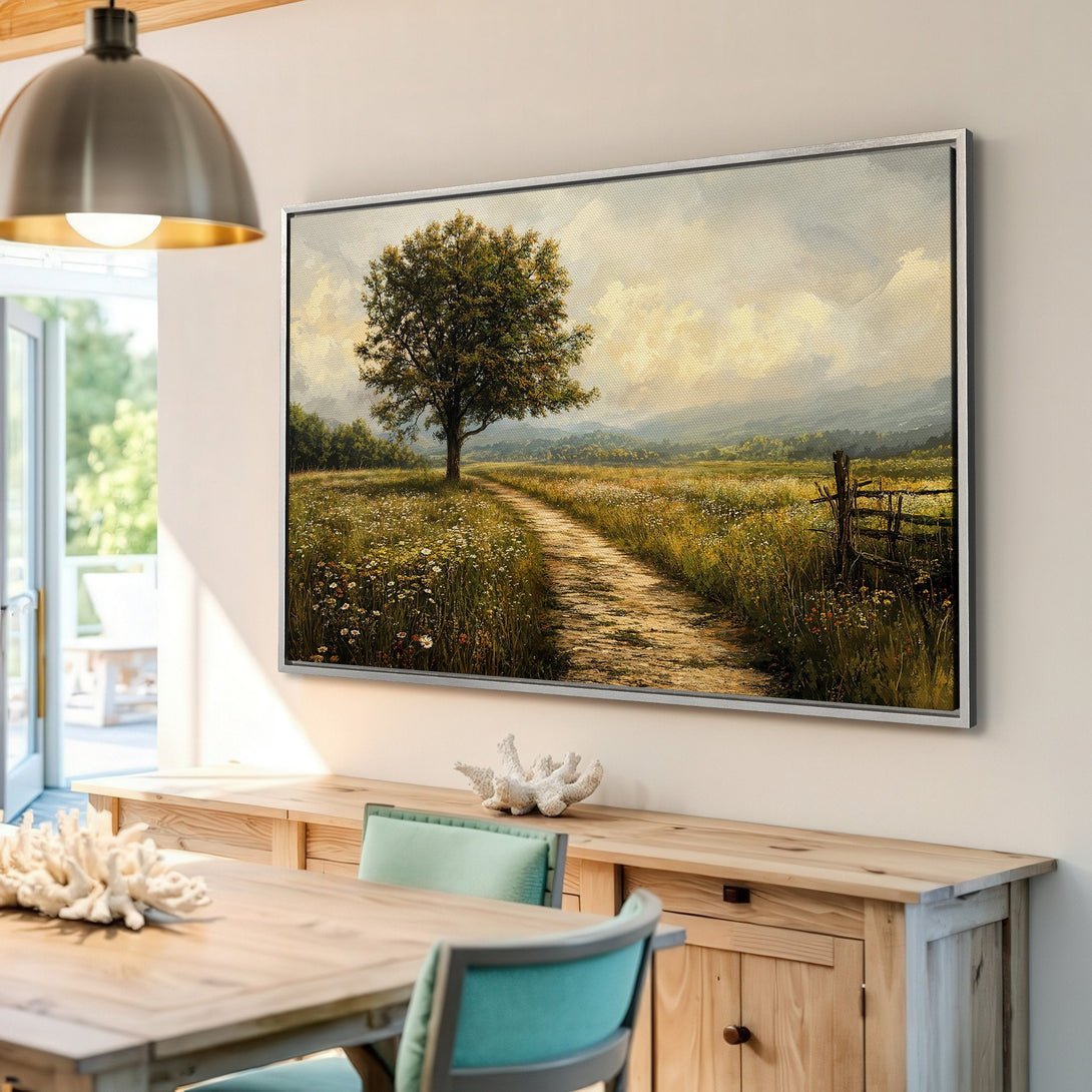 Framed Wall Art: Landscape Canvas Print featuring a tree and path in a field, warm color palette, perfect for adding a touch of nature to your home.