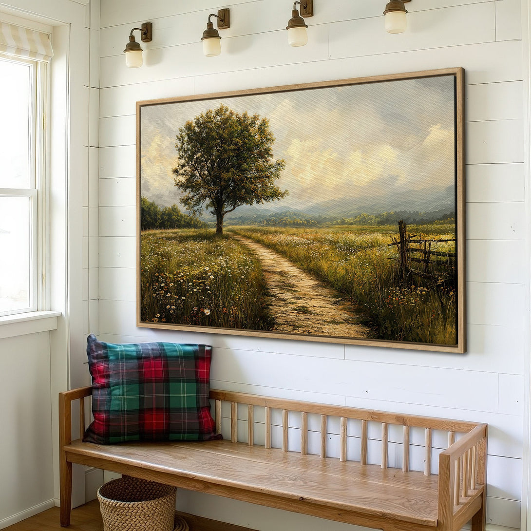 Framed Wall Art: Landscape Canvas Print with a serene country path, warm earth tones, and a calming, natural aesthetic. Perfect for any home!