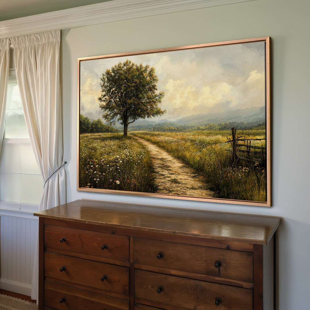 Framed Wall Art: Landscape Canvas Print featuring a serene path and tree, in a warm, inviting color palette. Perfect for home decor!