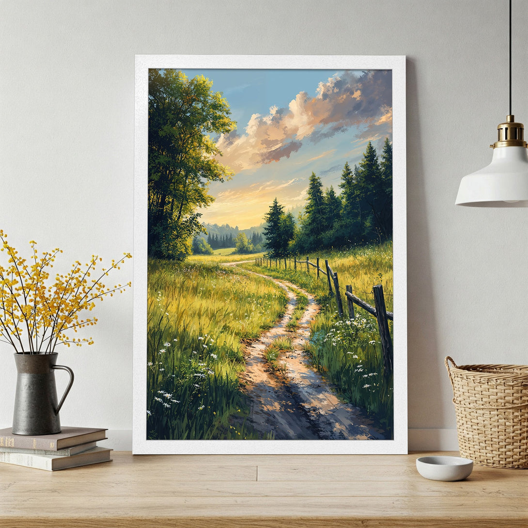 Framed Poster of a serene landscape with a dirt path, lush greenery, and a warm color palette. Bring nature's beauty into your home.