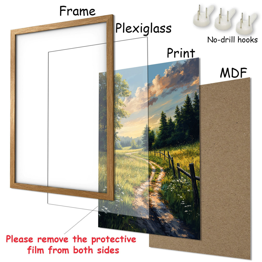 Framed Poster of a serene landscape with a path, featuring warm sunset colors and a natural style. Ready to hang!