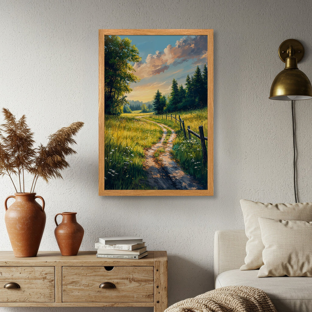 Framed Poster of a scenic landscape with a dirt road, warm color palette, and impressionistic style. Perfect wall art!