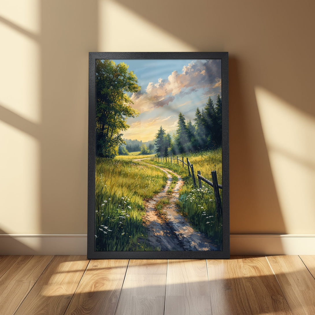 Framed Poster of a scenic landscape with a path through a field. The artwork has a painterly style with a warm, earthy color palette.