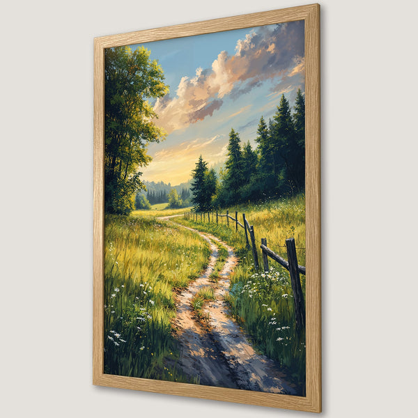 Framed Poster of a scenic landscape with a dirt road, green fields, and a blue sky. Impressionistic style with warm, natural colors.