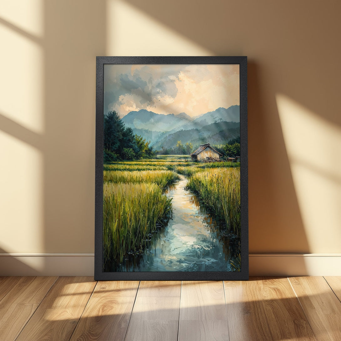 Framed Poster featuring a serene landscape painting with a river, in a warm, earthy color palette. Perfect wall art!