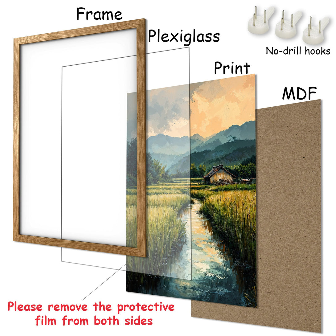 Framed Poster of a serene landscape painting. Features a warm color palette with greens, yellows, and blues. Perfect wall art.