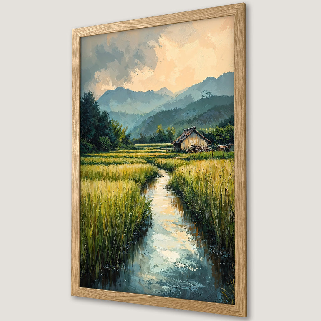 Framed Poster of a serene landscape painting with a stream, mountains, and warm color palette. Perfect wall art for any room.
