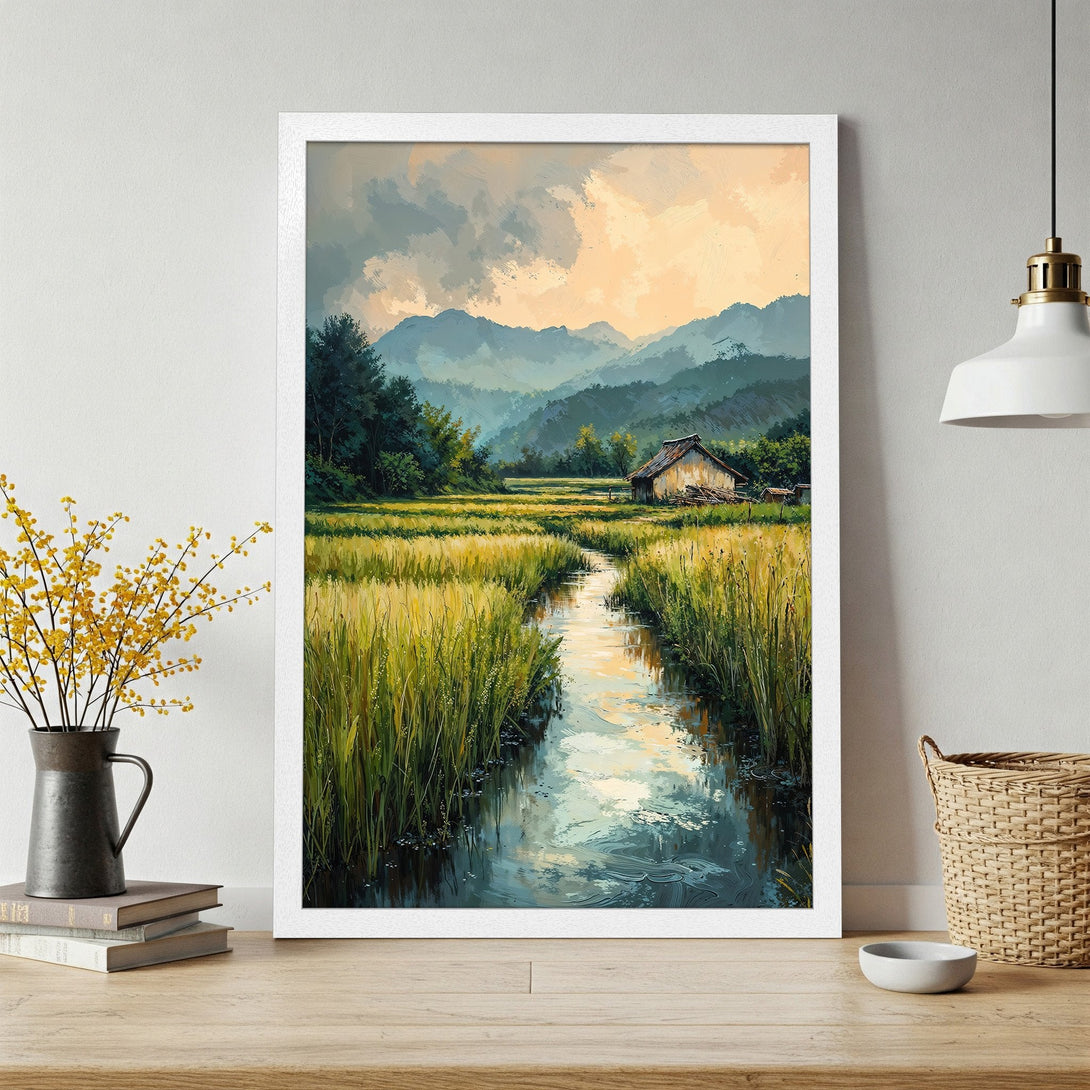 Framed Poster of a serene landscape painting. Featuring a cabin, river, and mountains in a watercolor style with a calming blue/green palette.