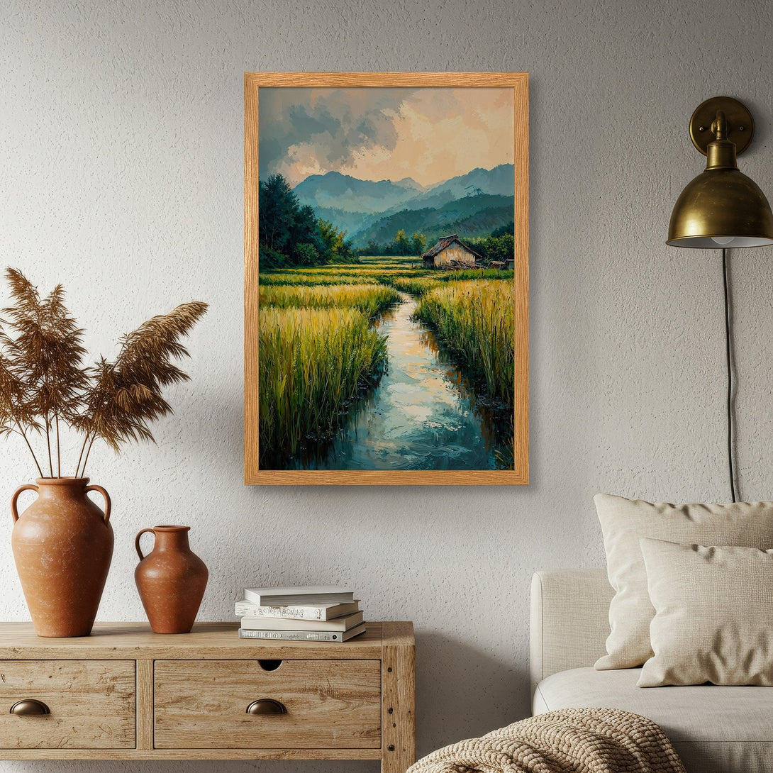 Framed Poster of a serene landscape painting. Featuring a cabin, river, and mountains in a warm, earthy color palette. Perfect wall art!
