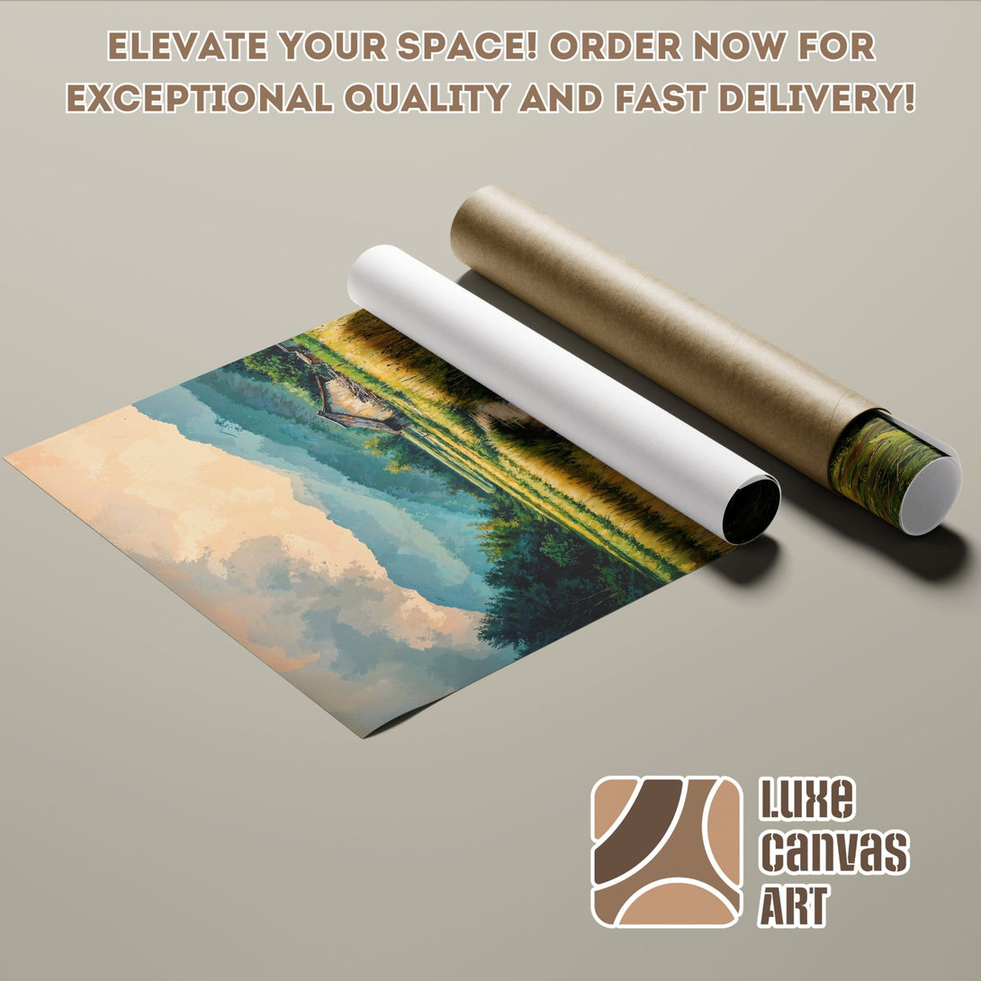 Poster Roll featuring a landscape painting in a painterly style with a blue, green, and beige color palette. Elevate your space!