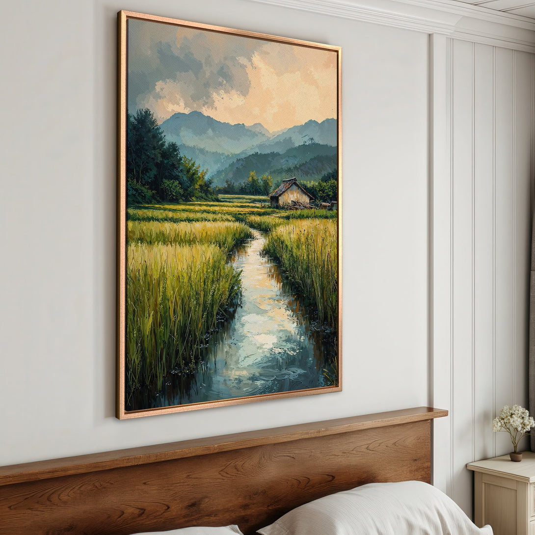 Framed Wall Art: Landscape Canvas Print with a serene river scene. Features a warm, earthy color palette with greens, golds, and blues, perfect for any interior.
