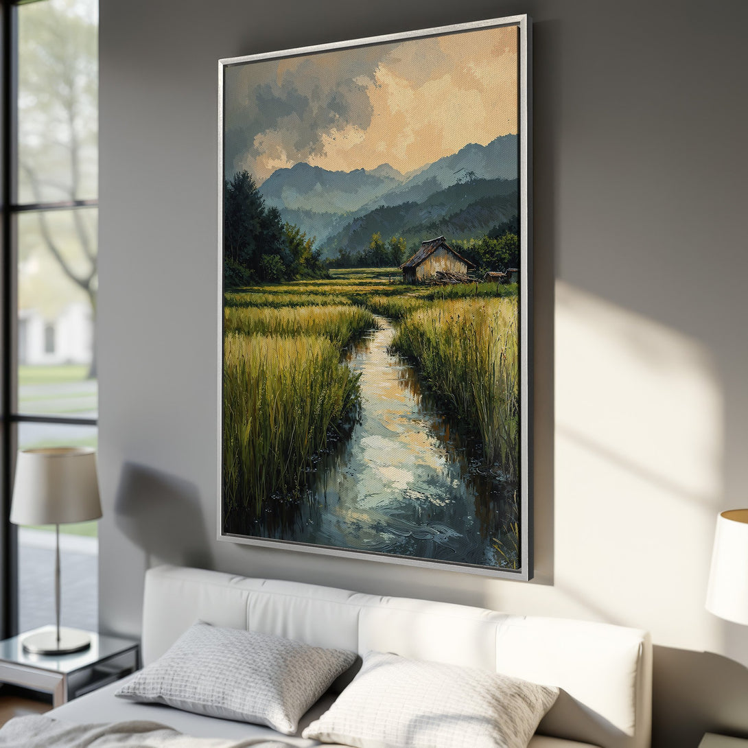 Framed Wall Art: Landscape painting with a tranquil river scene, featuring warm yellow and green tones. Perfect for adding a serene touch to your home decor.