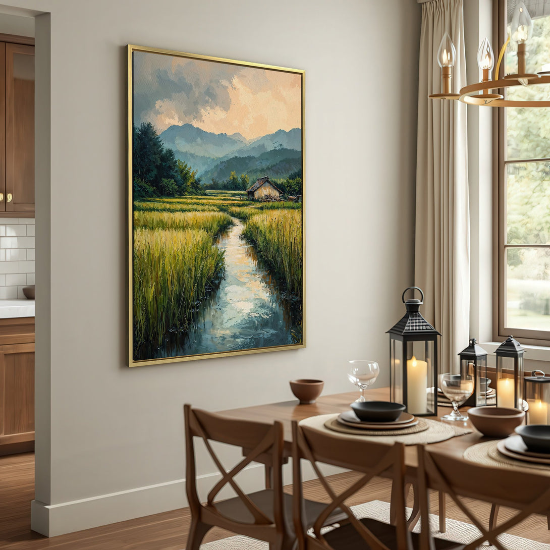 Canvas Print of a serene landscape painting with a warm, earthy color palette. Features a river, mountains, and a quaint cabin. Perfect wall art.