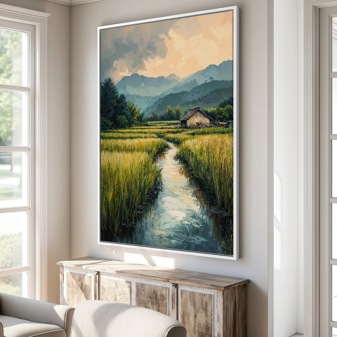 Framed Wall Art: Landscape Canvas Print with a serene river scene, featuring a warm, earthy color palette. Perfect for adding a touch of nature to your home.