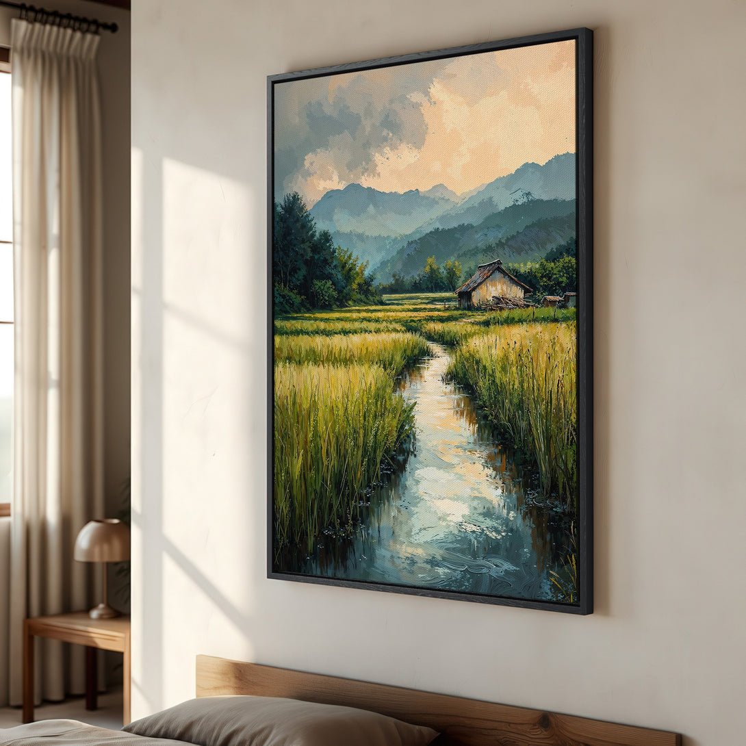 Framed Wall Art: Landscape Canvas Print with a serene river scene in a warm, earthy color palette. Perfect for adding a touch of nature to your home decor.