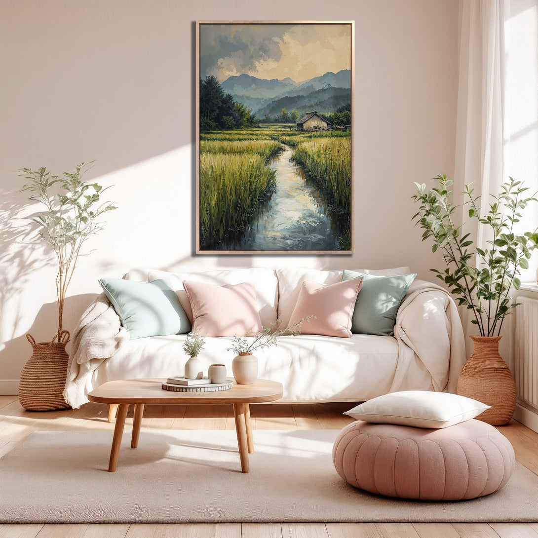 Framed Wall Art: Landscape painting with a serene river scene, warm color palette. Perfect for adding a touch of nature to your home decor.