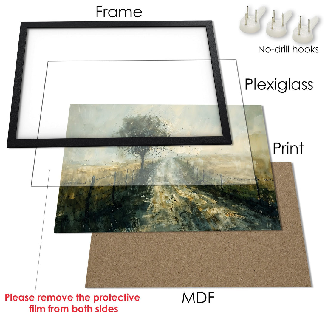 Framed Poster art print with a road scene in muted tones. Enhance your space with this beautiful poster.