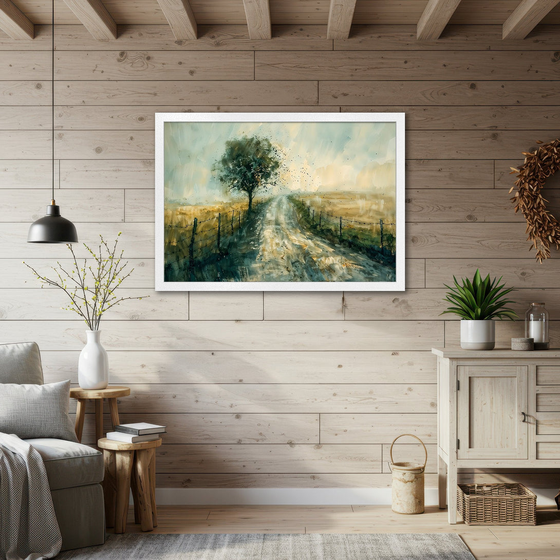 Framed Poster of a serene country road scene in watercolor style. Earthy tones and a calming aesthetic for your home decor.
