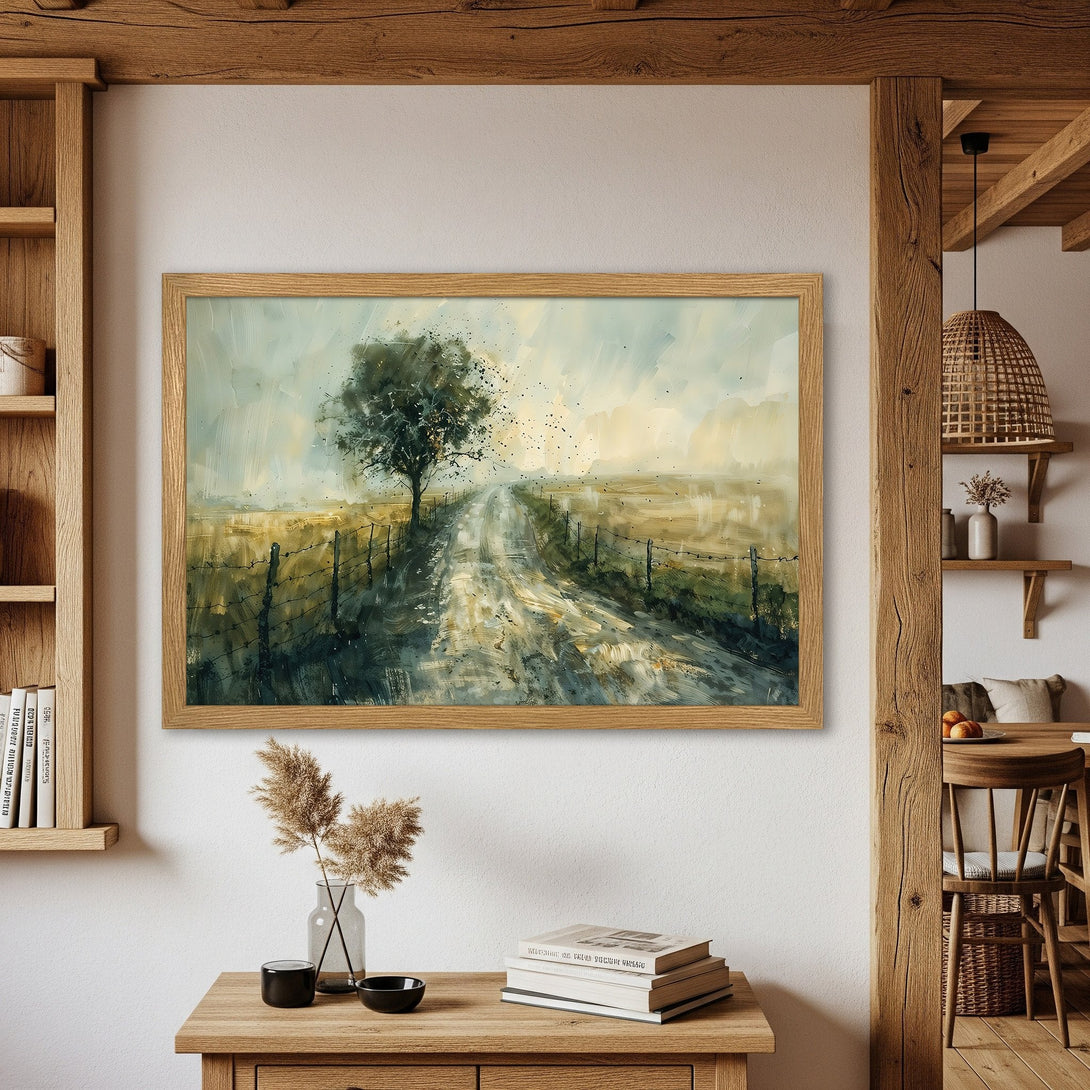 Framed Poster of a rural landscape painting in muted greens and yellows, perfect for adding a touch of nature-inspired art to your home.