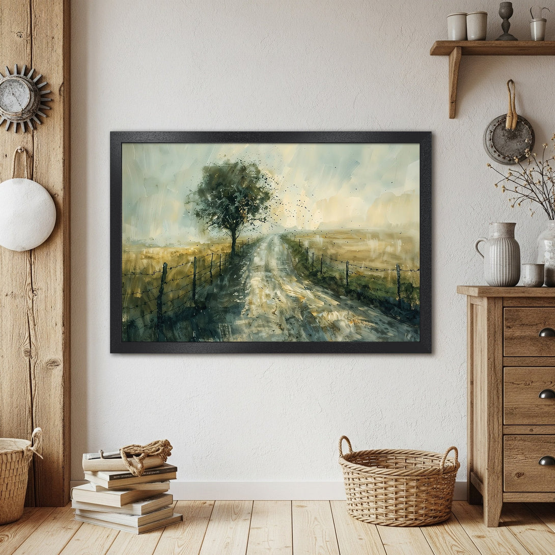 Framed Poster of a country road with a tree. Watercolor style, muted green, yellow, and blue palette. Perfect wall art.