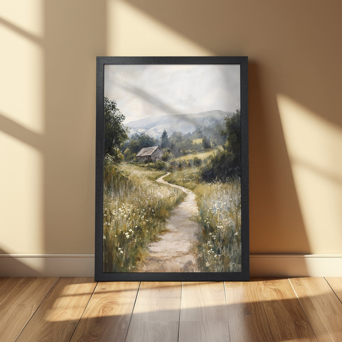 Framed Poster of a serene landscape painting. Neutral color palette with a path leading to a cabin. Perfect wall art for your home!