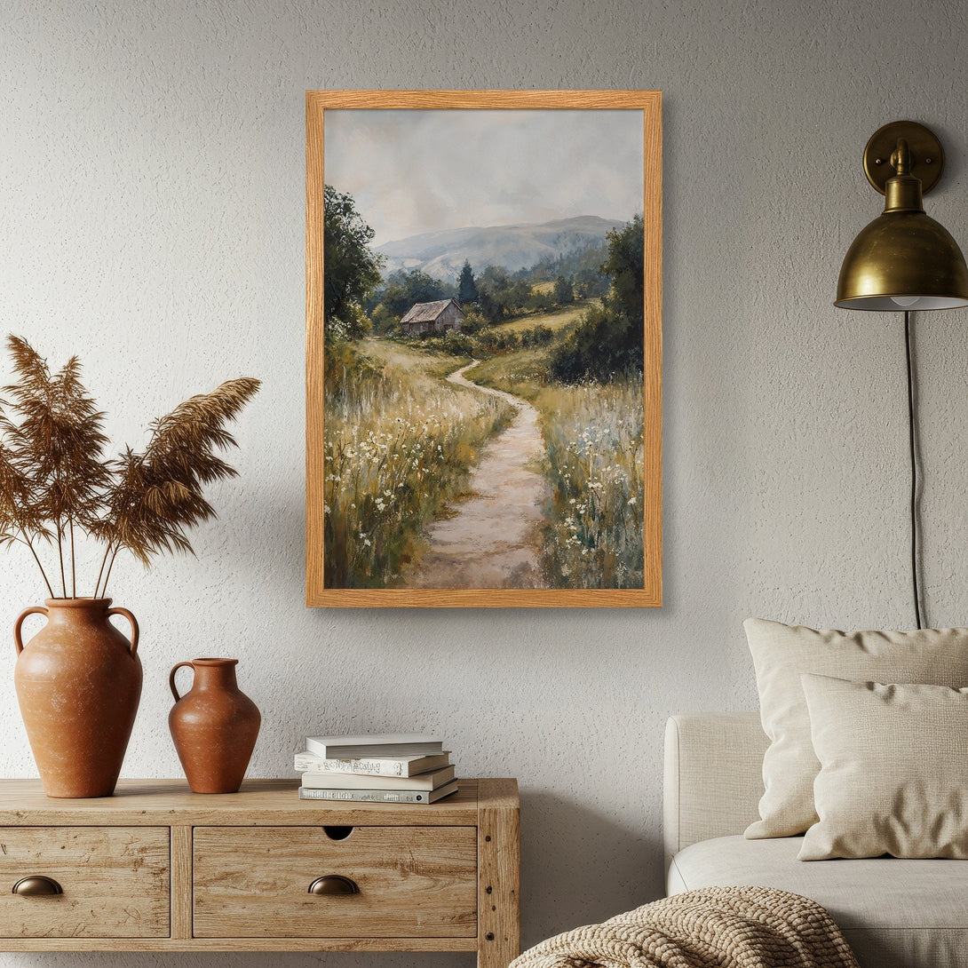Framed Poster of a serene landscape painting with a path. Soft, muted colors and a rustic style. Perfect wall art.