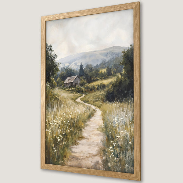 Framed Poster of a serene landscape painting. Features a path leading to a cabin, with a muted green and beige color palette. Perfect wall art.