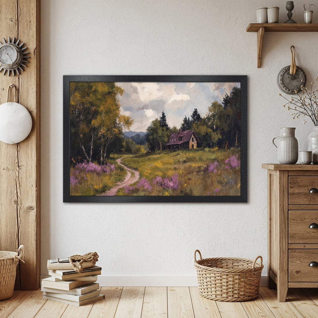 Framed Poster of a serene landscape painting with a cabin, featuring a warm color palette and impressionistic style. Perfect wall art!