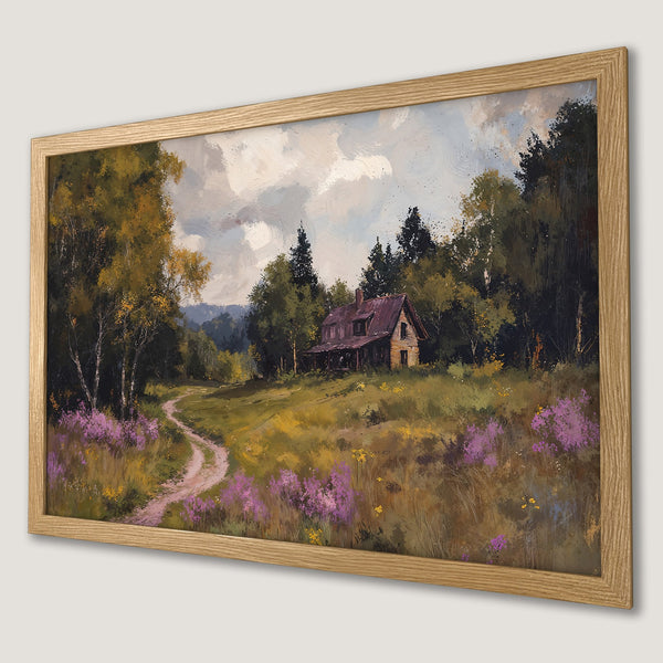 Framed Poster of a serene landscape with a cabin, in an impressionistic style with a warm color palette. Perfect wall art!