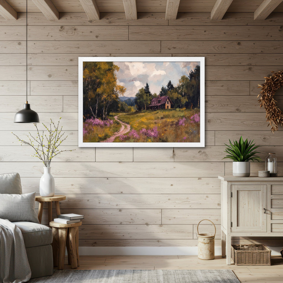 Framed Poster featuring a serene landscape painting. Warm color palette with a rustic style, perfect for home decor.