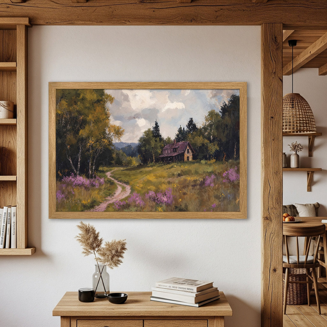Framed Poster of a serene landscape painting in warm earthy tones. Rustic style, perfect for home decor.