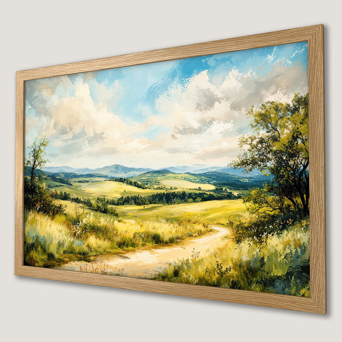 Framed Poster of a scenic landscape painting. Featuring a yellow and green color palette with blue sky, perfect for home decor.