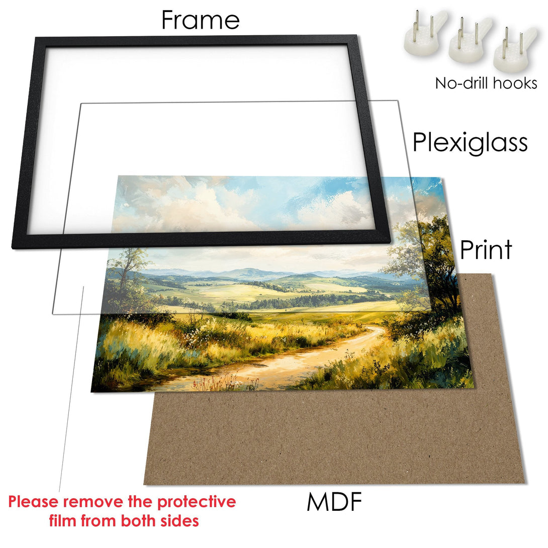 Framed Poster of a scenic landscape in a warm color palette. Perfect art print for your home decor.