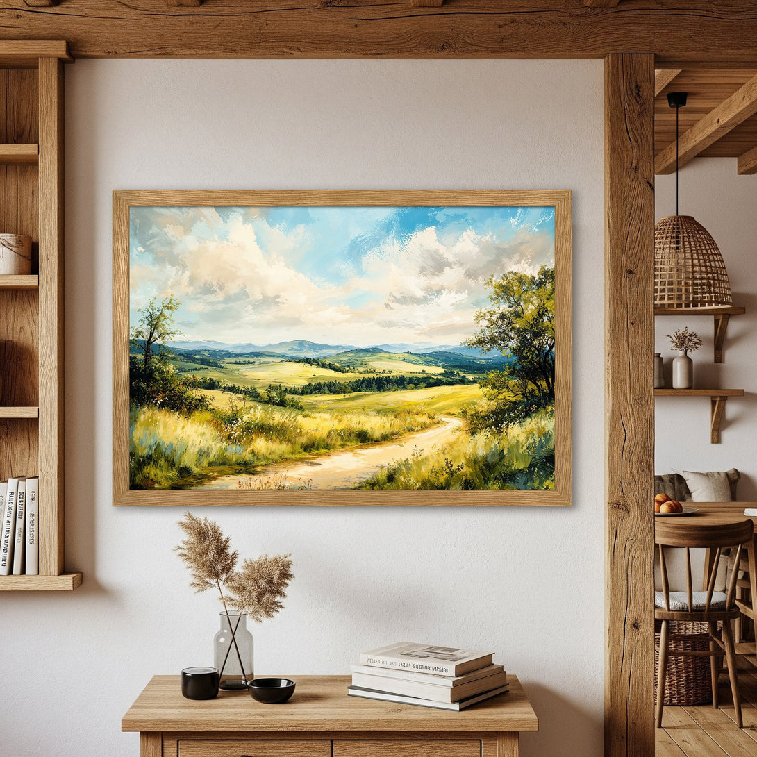 Framed Poster of a scenic landscape painting in a rustic style with a warm, natural color palette. Perfect wall art!