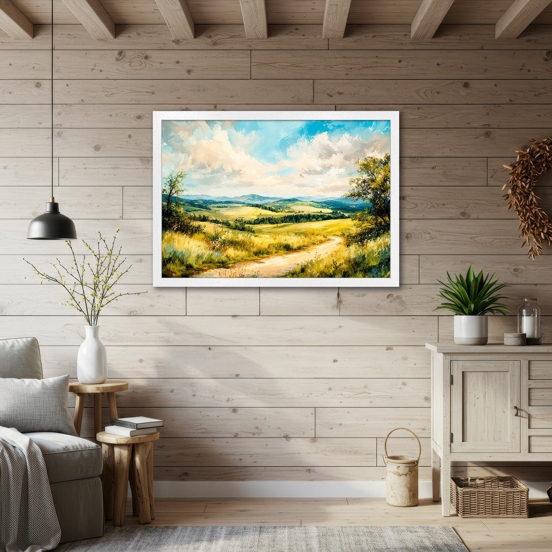 Framed Poster of a serene landscape painting in impressionistic style with a warm, natural color palette. Perfect wall art!