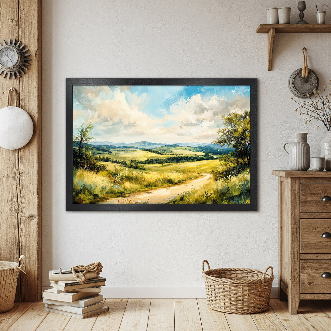 Framed Poster of a serene landscape painting in impressionist style, featuring a sunny yellow and blue color palette.