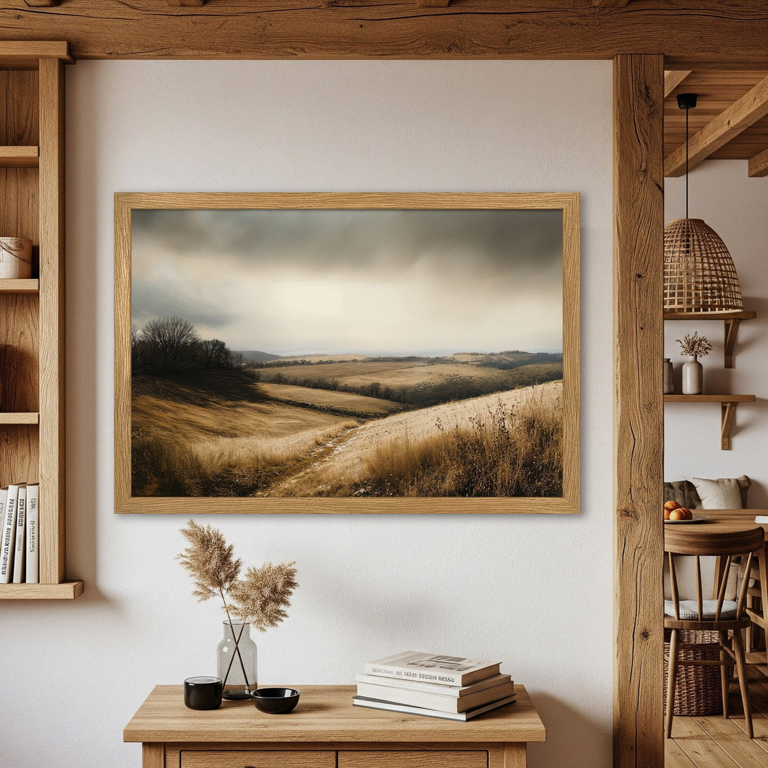 Framed Poster of a serene landscape with warm, earthy tones. Perfect for rustic decor.