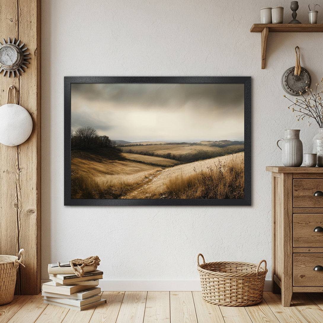 Framed Poster featuring a serene landscape in muted earth tones, perfect for adding a touch of nature to your home decor.