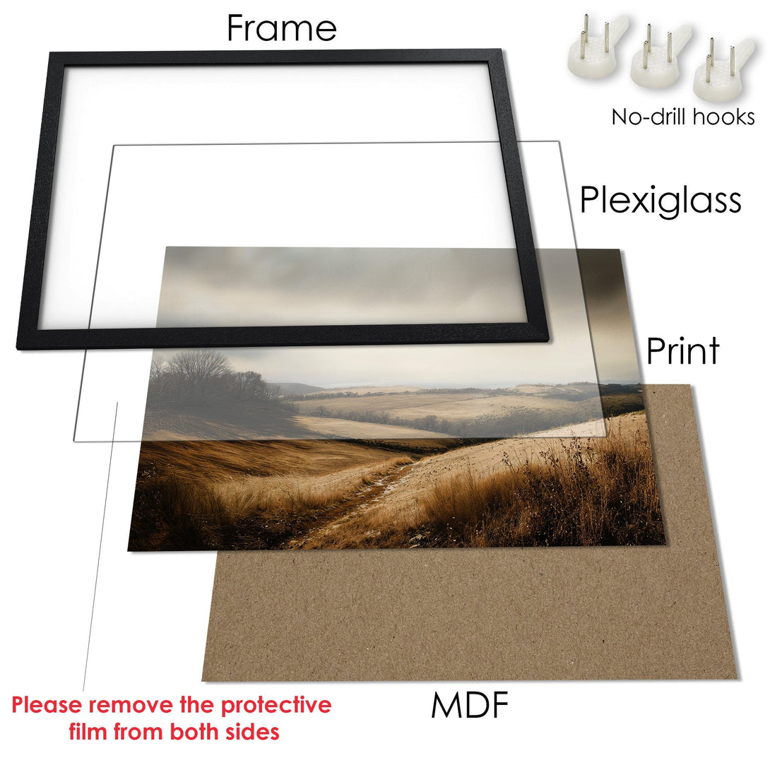 Framed Poster featuring a serene landscape in warm, earthy tones. Perfect wall art!