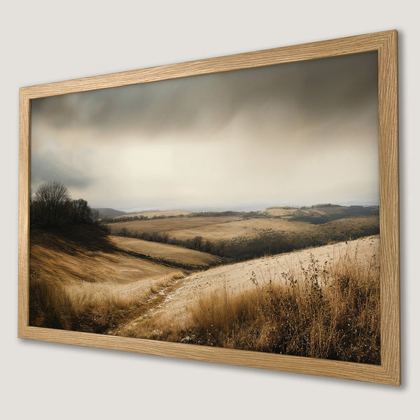 Framed Poster of a serene landscape with warm, earthy tones. Perfect wall art for a calming atmosphere.